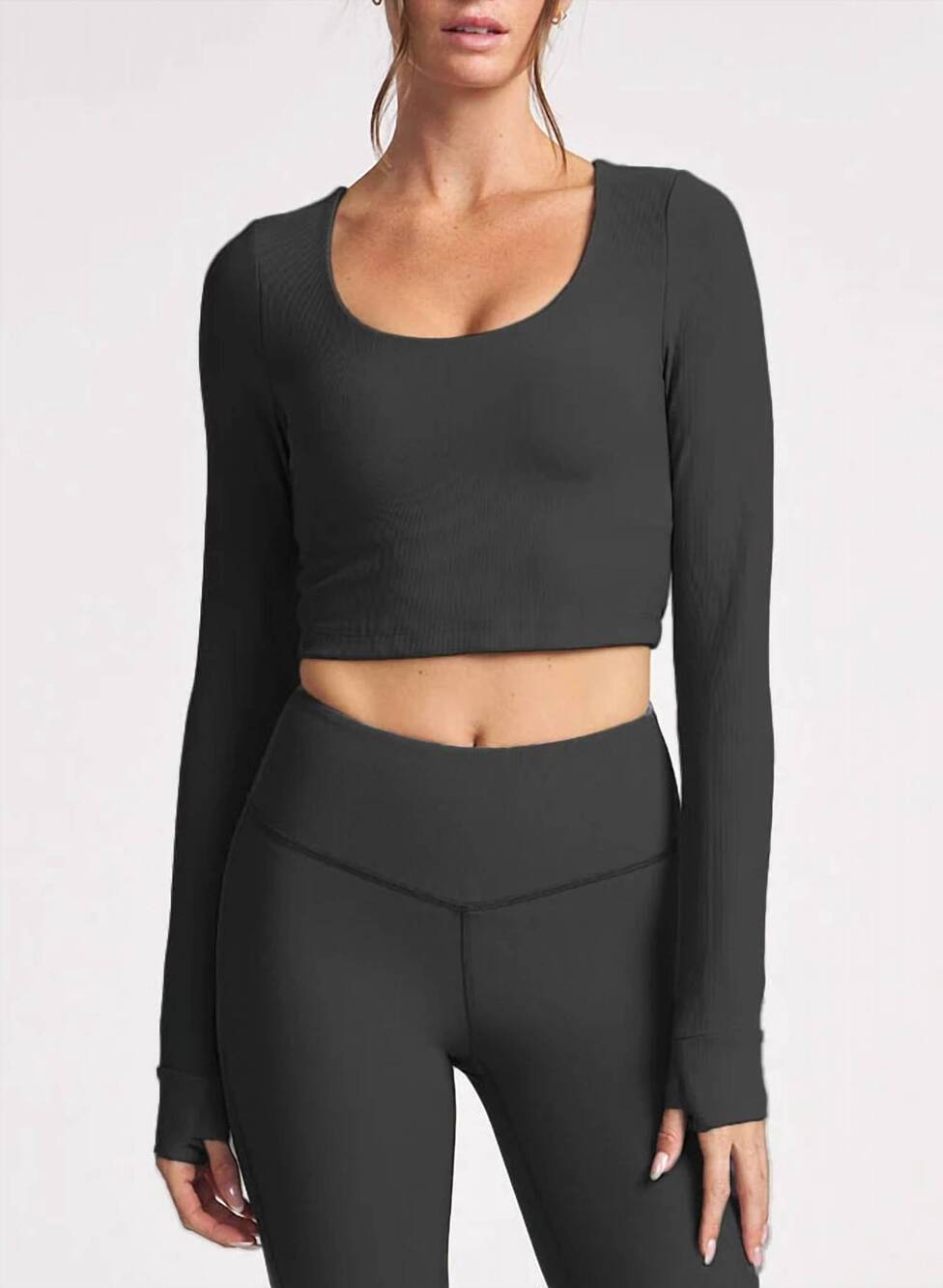 NEW THRIVE SOCIETE women's refine long sleeve bra top in black